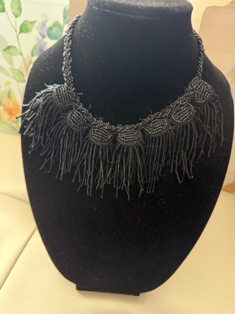 Black Beaded Fringe Statement Necklace - Unbranded